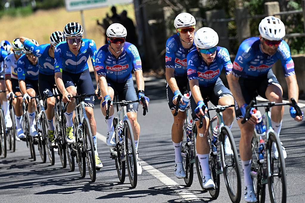 XERACO, SPAIN - AUGUST 29: (L-R) Ivan Romeo of Spain and Movistar Team and Kaden Groves of Australia and Team Alpecin - Premier Tech compete during the La Vuelta - 81st Tour of Spain 2026, Stage 8 a 171km stage from Pucol to Xeraco / #UCIWT / on August 29, 2026 in Pucol, Spain. (Photo by Tim de Waele/Getty Images)