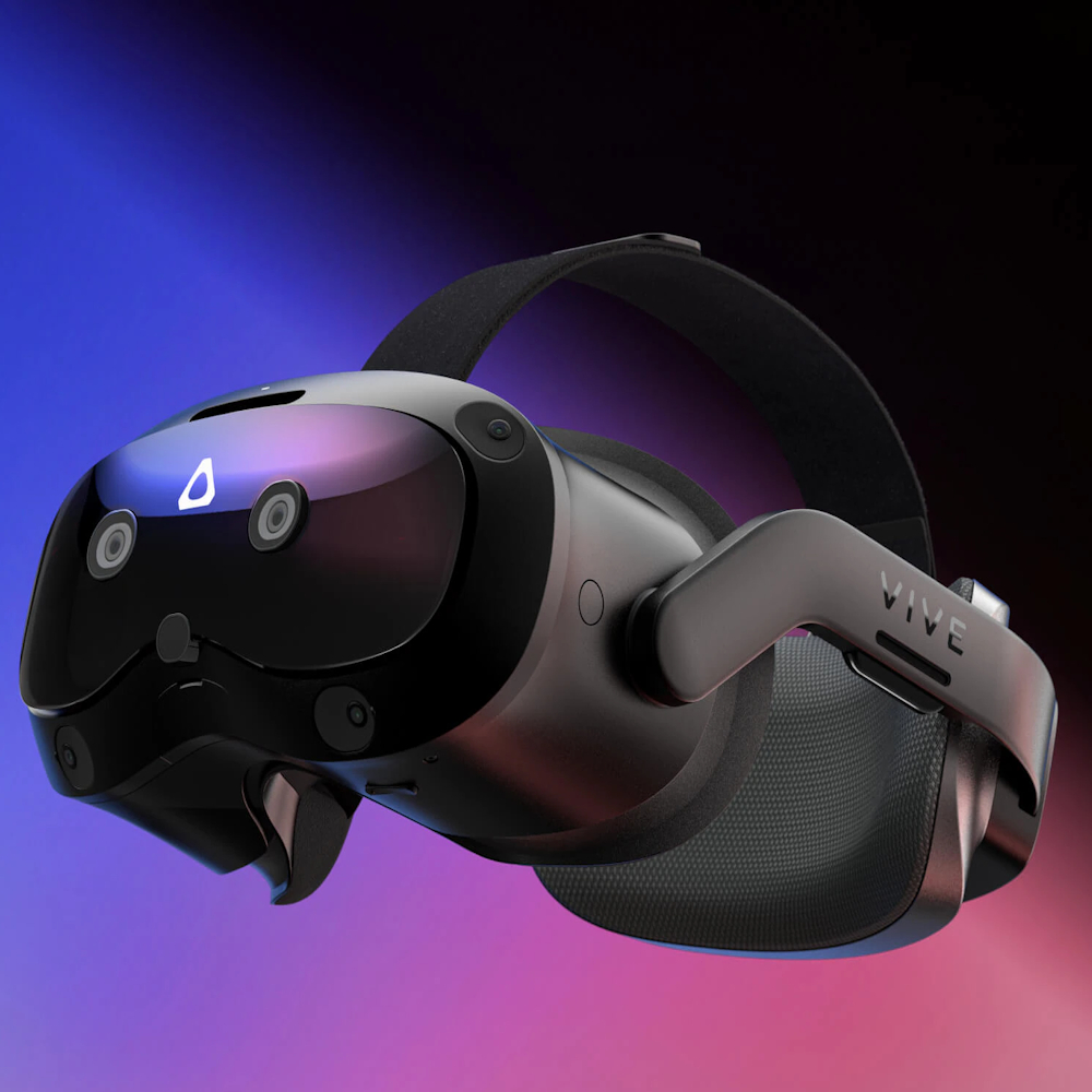 The HTC VIVE Focus Vision on a black, blue, and purple background
