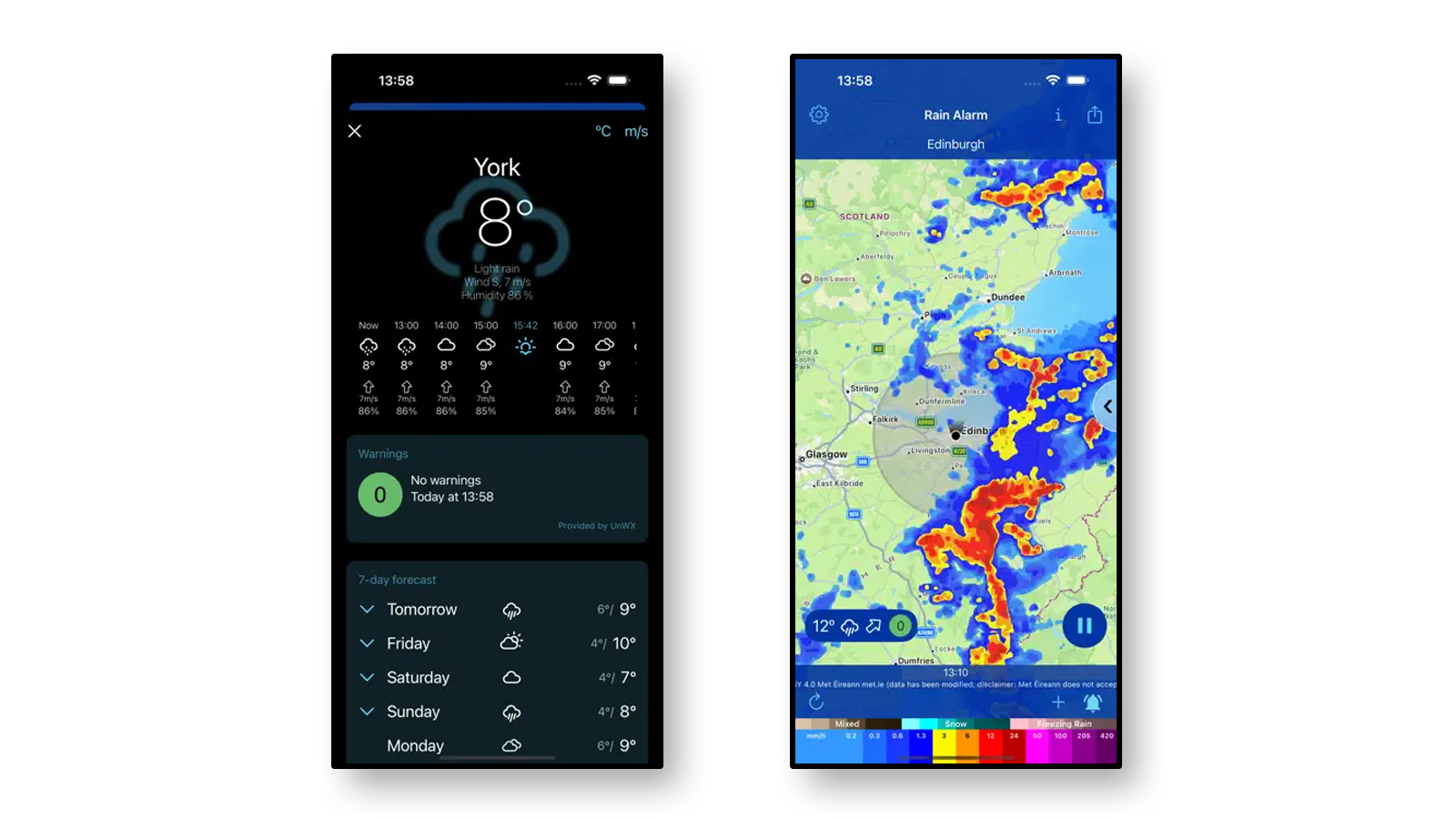 Rain Alarm app screen shots showing mapping functionality