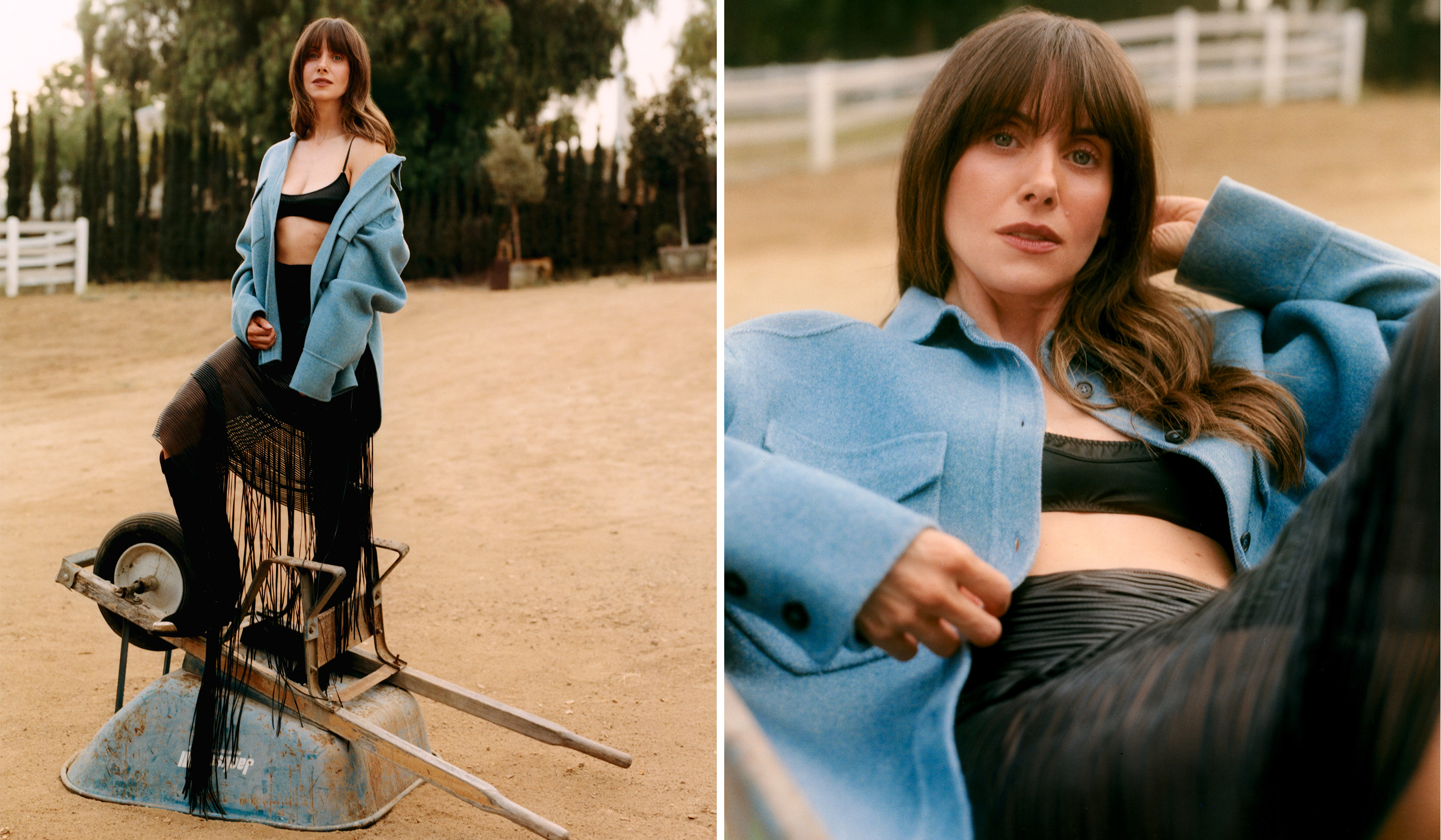 Alison Brie stands on top of a wheelbarrow wearing a fringe skirt and a felt shacket