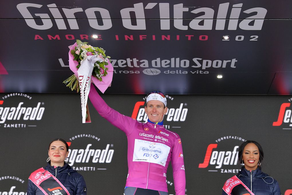 Arnaud Demare in the points jersey after stage 17 at the Giro