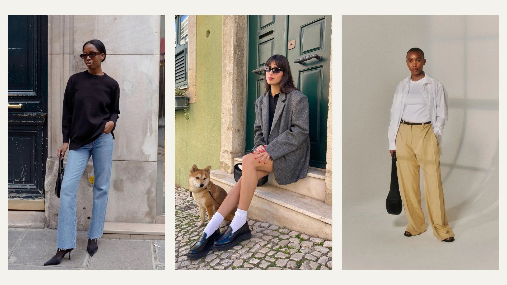 Woman wears black jumper, blue jeans and black heels; woman wears grey blazer, white socks and black loafers; woman wears white shirt, beige tailored trousers