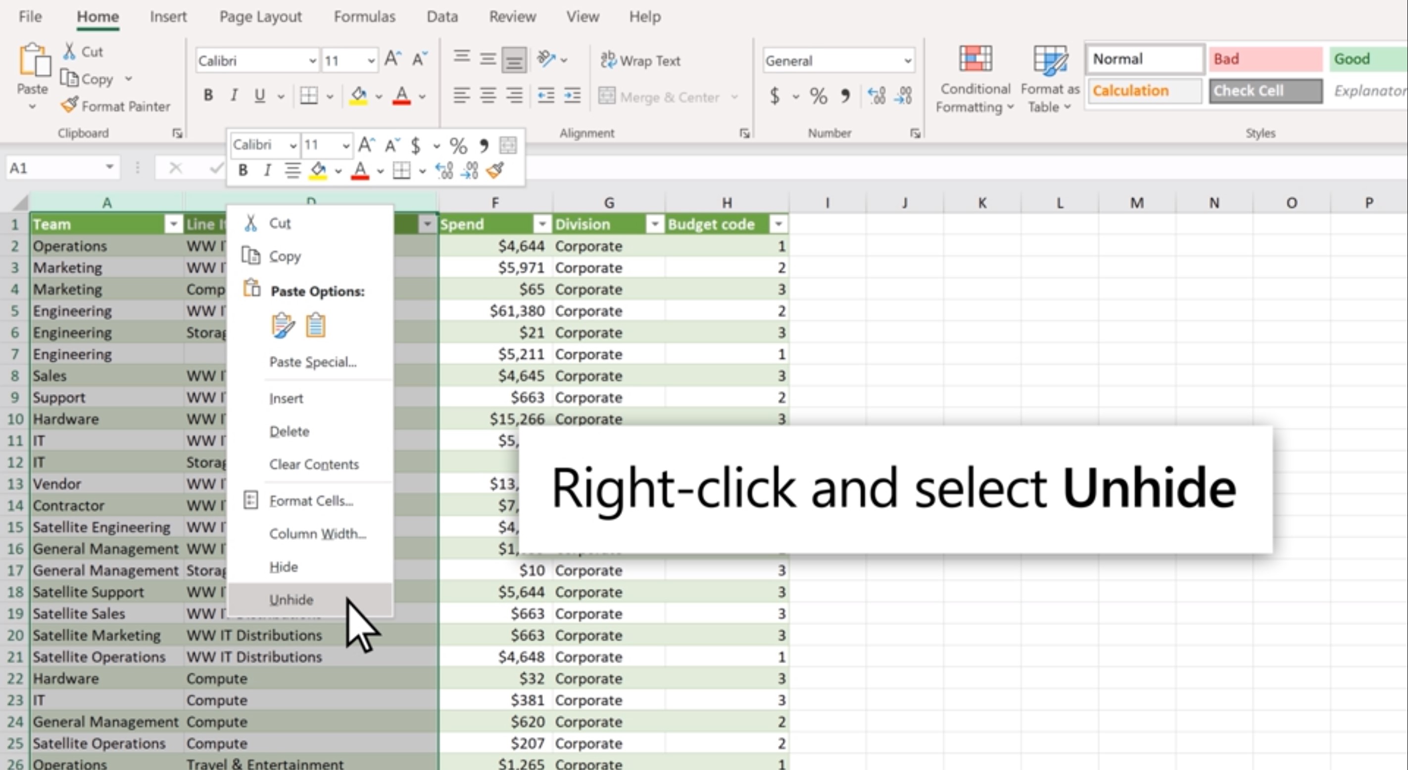 How to show or unhide rows or columns in Excel