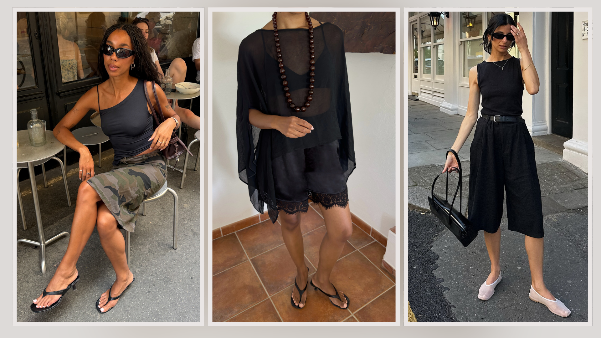 Influencers Amaka Hameijnck, Santina Harrison and Ingrid Edvinsen wearing all black summer outfits. 