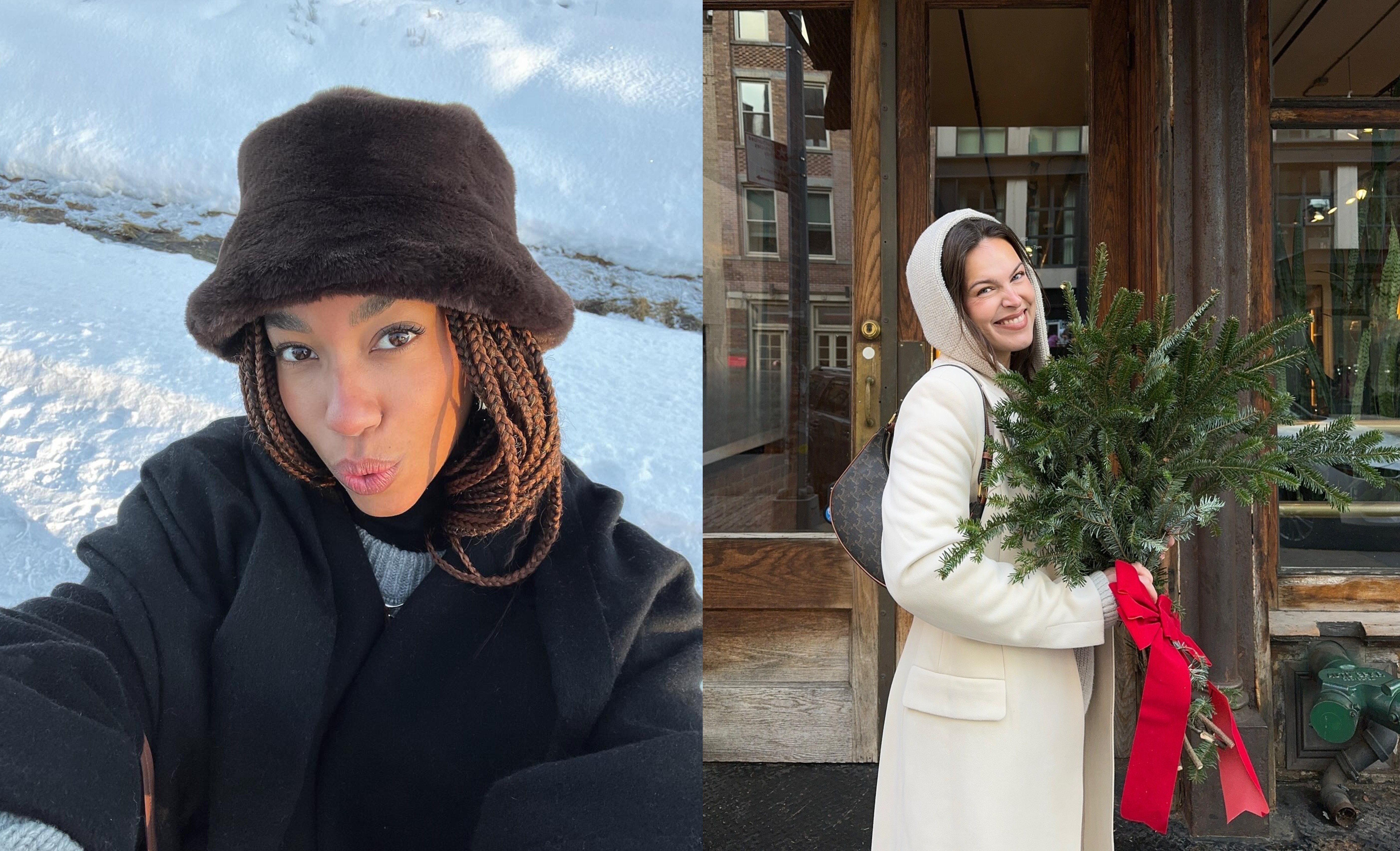 Two women with glowy, flushed skin in winter settings