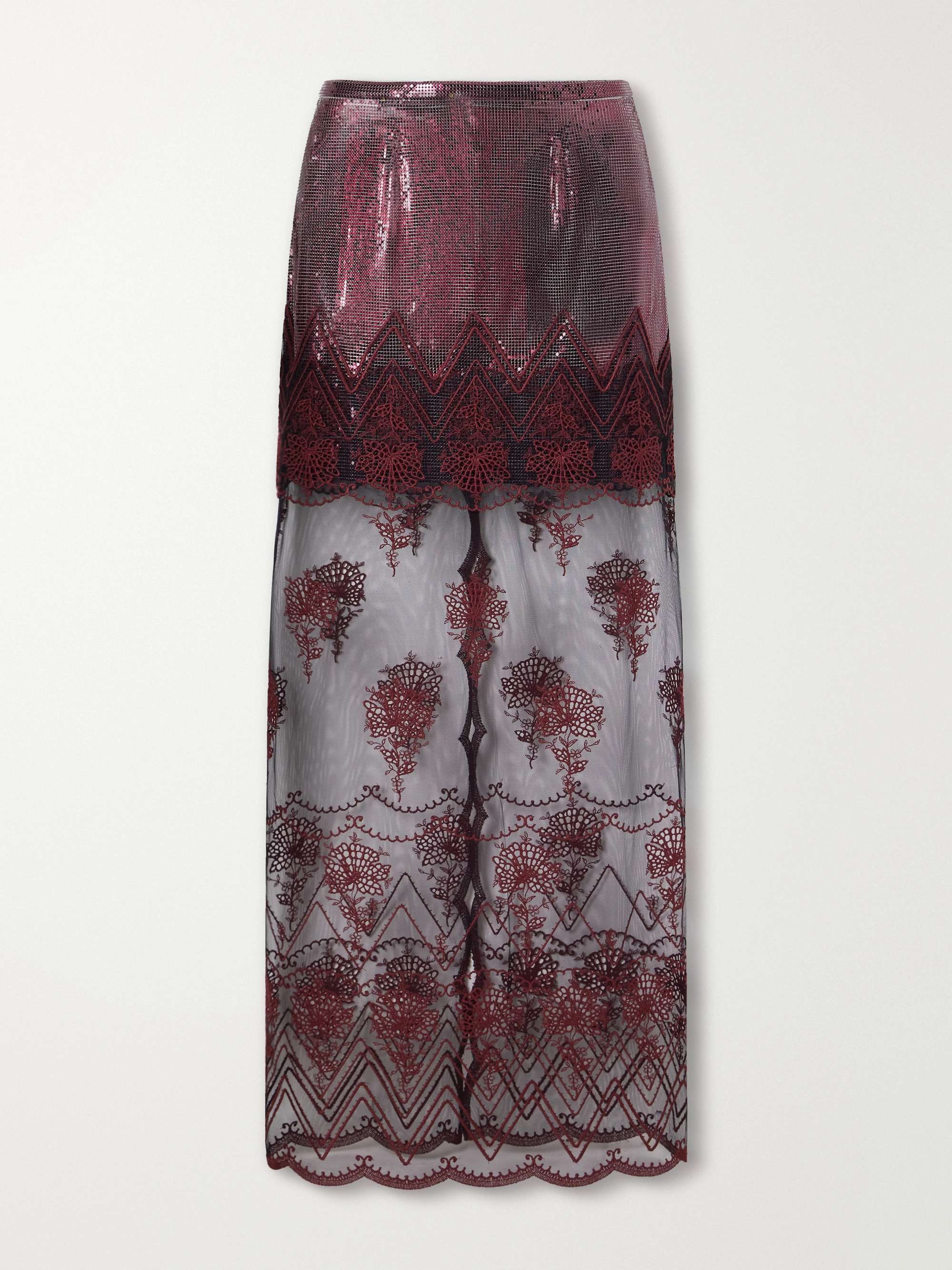 Layered Embroidered Mesh-Trimmed Chainmail Maxi Skirt