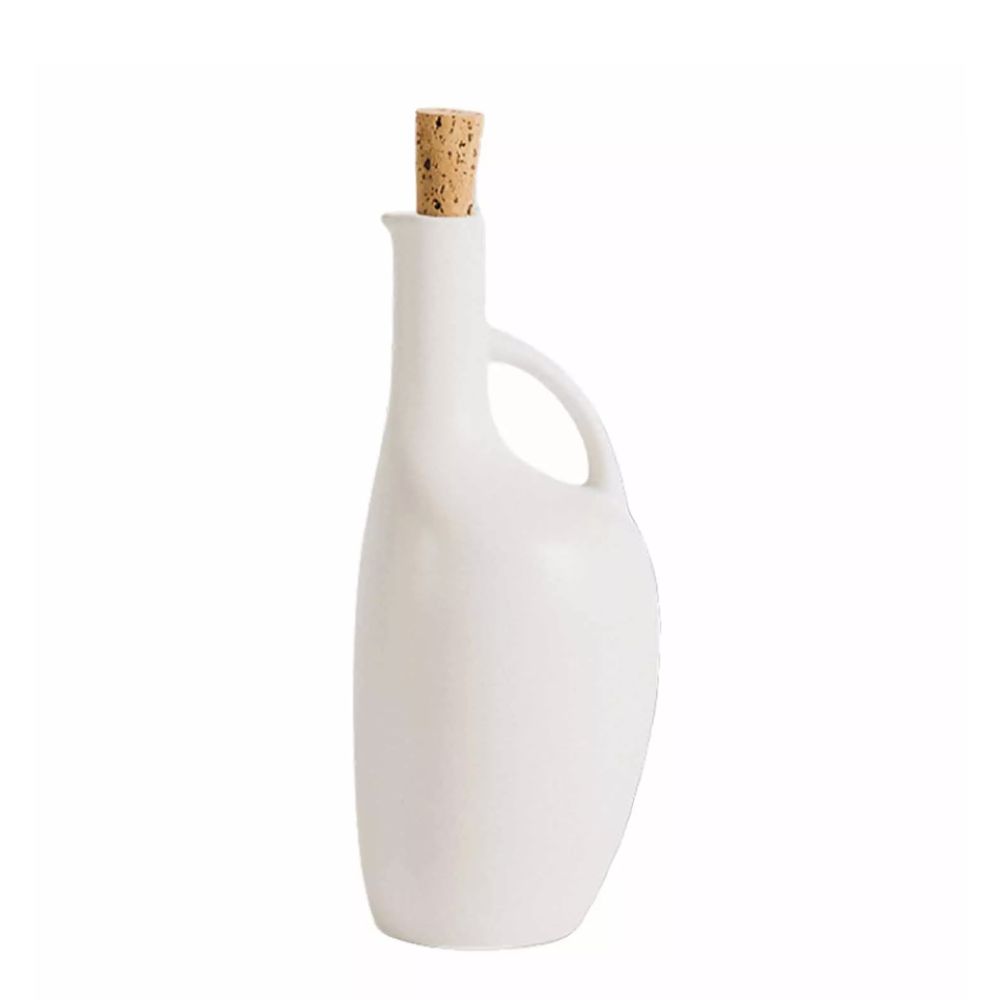 White ceramic olive oil bottle with cork lid