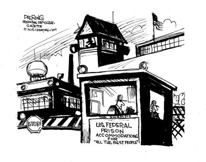 Political cartoon U.S. Trump swamp federal prison accommodations