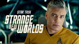 An image of Anson Mount of Star Trek: Strange New Worlds with the show title in front.