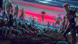 A screenshot of the official poster for Marvel Zombies, which shows Wanda commanding her undead horde