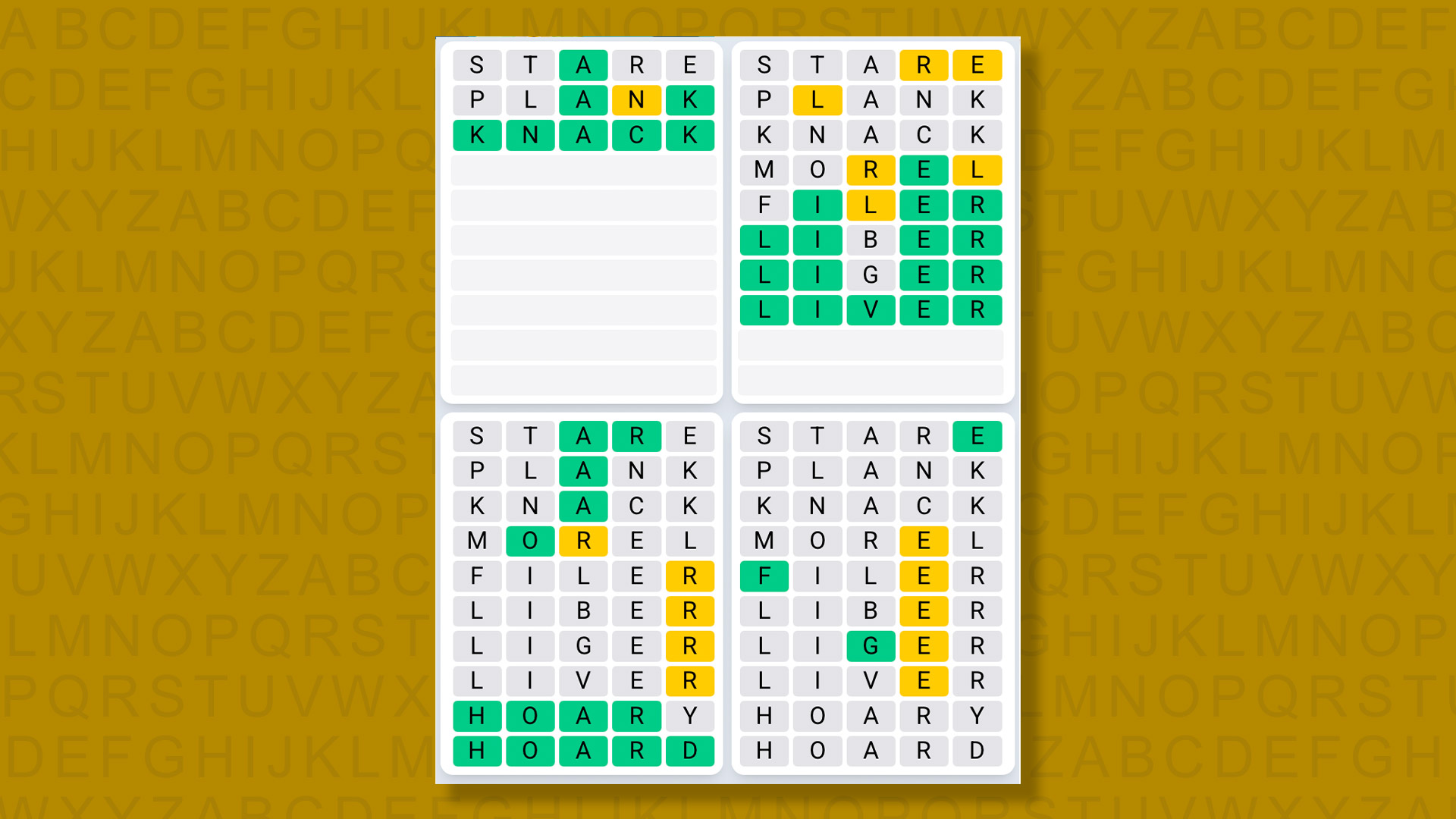 Quordle Daily Sequence answers for game 1345 on a yellow background