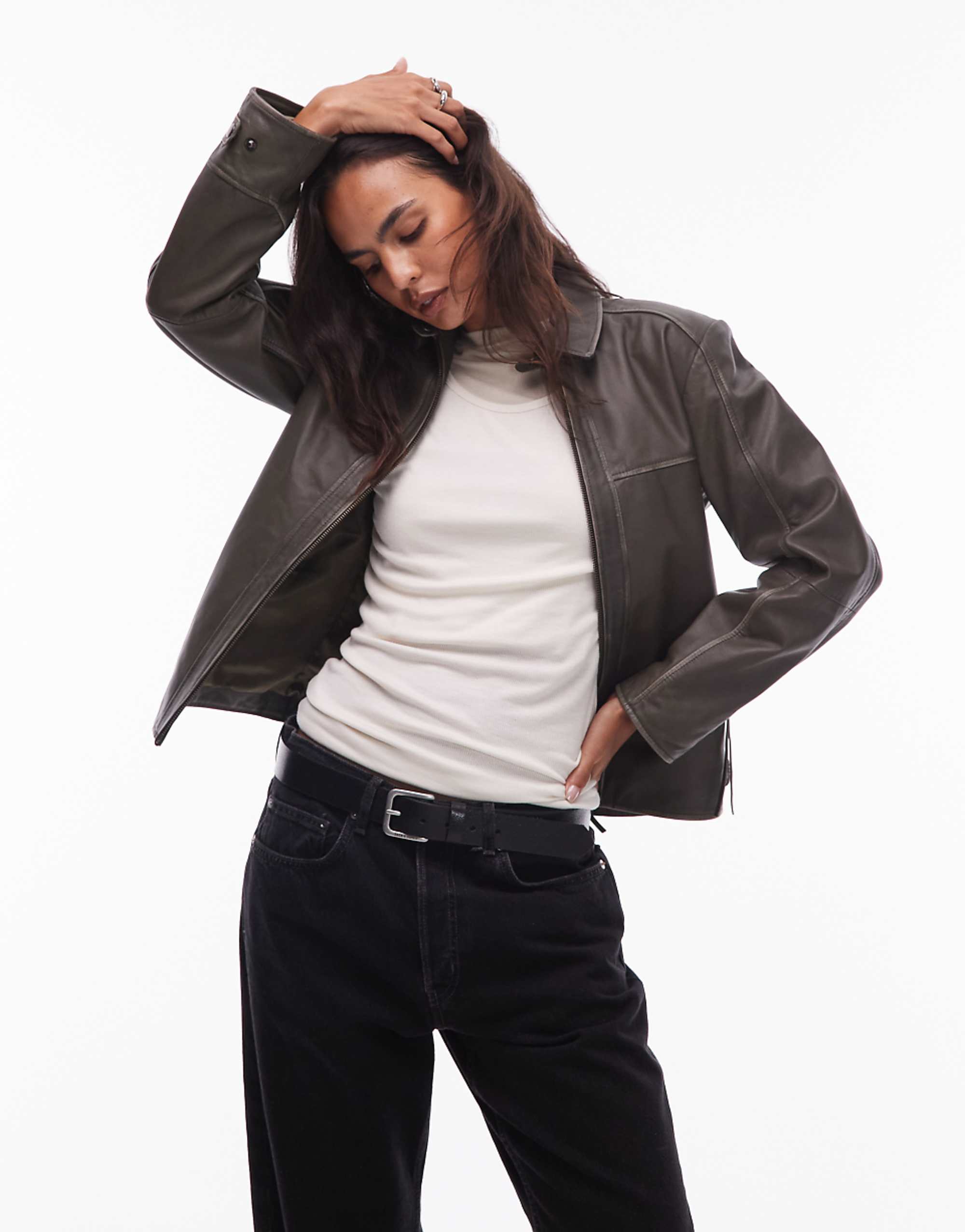 Urbancode Oversized Leather Box Jacket in Distressed Khaki