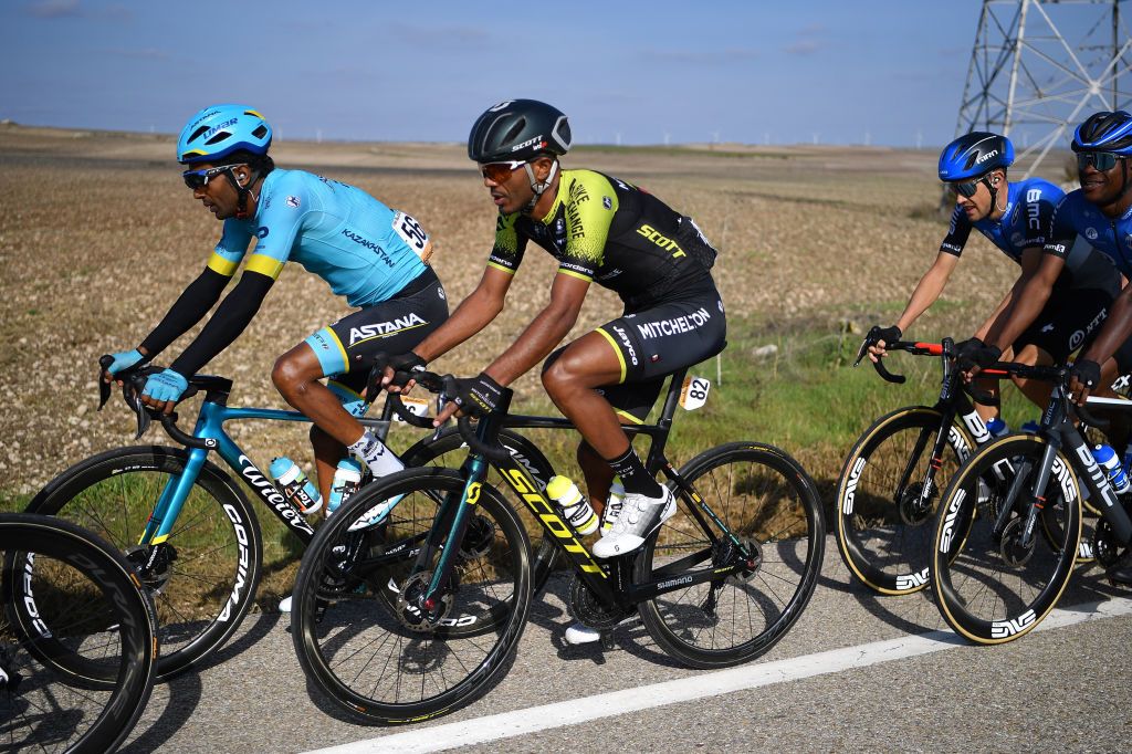 AGUILAR DE CAMPOO SPAIN OCTOBER 29 Merhawi Kudus Ghebremedhin of Eritrea and Astana Pro Team Tsgabu Gebremaryam Grmay of Ethiopia and Team Mitchelton Scott Ben Dyball of Australia and NTT Pro Cycling Team Nicholas Dlamini of South Africa and NTT Pro Cycling Team during the 75th Tour of Spain 2020 Stage 9 a 1577km stage from Cid Campeador Military Base Castrillo del Val to Aguilar de Campoo lavuelta LaVuelta20 on October 29 2020 in Aguilar de Campoo Spain Photo by Justin SetterfieldGetty Images