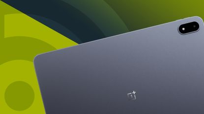 OnePlus Pad 3 back showing cameras and OnePlus logo on a green TechRadar logo background