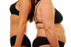 A heavy woman stands back-to-back with a thin woman.