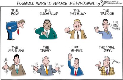 Editorial Cartoon U.S. handshake replacements coronavirus
