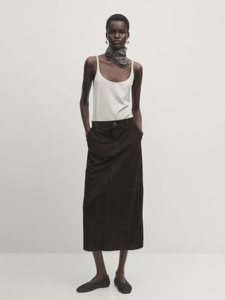 Massimo Dutti, Long Suede Leather Skirt with Pockets