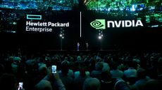HPE chief executive Antonio Neri pictured on stage with Nvidia CEO Jensen Huang at the 2024 HPE Discover conference at the Sphere in Las Vegas, Nevada, US.