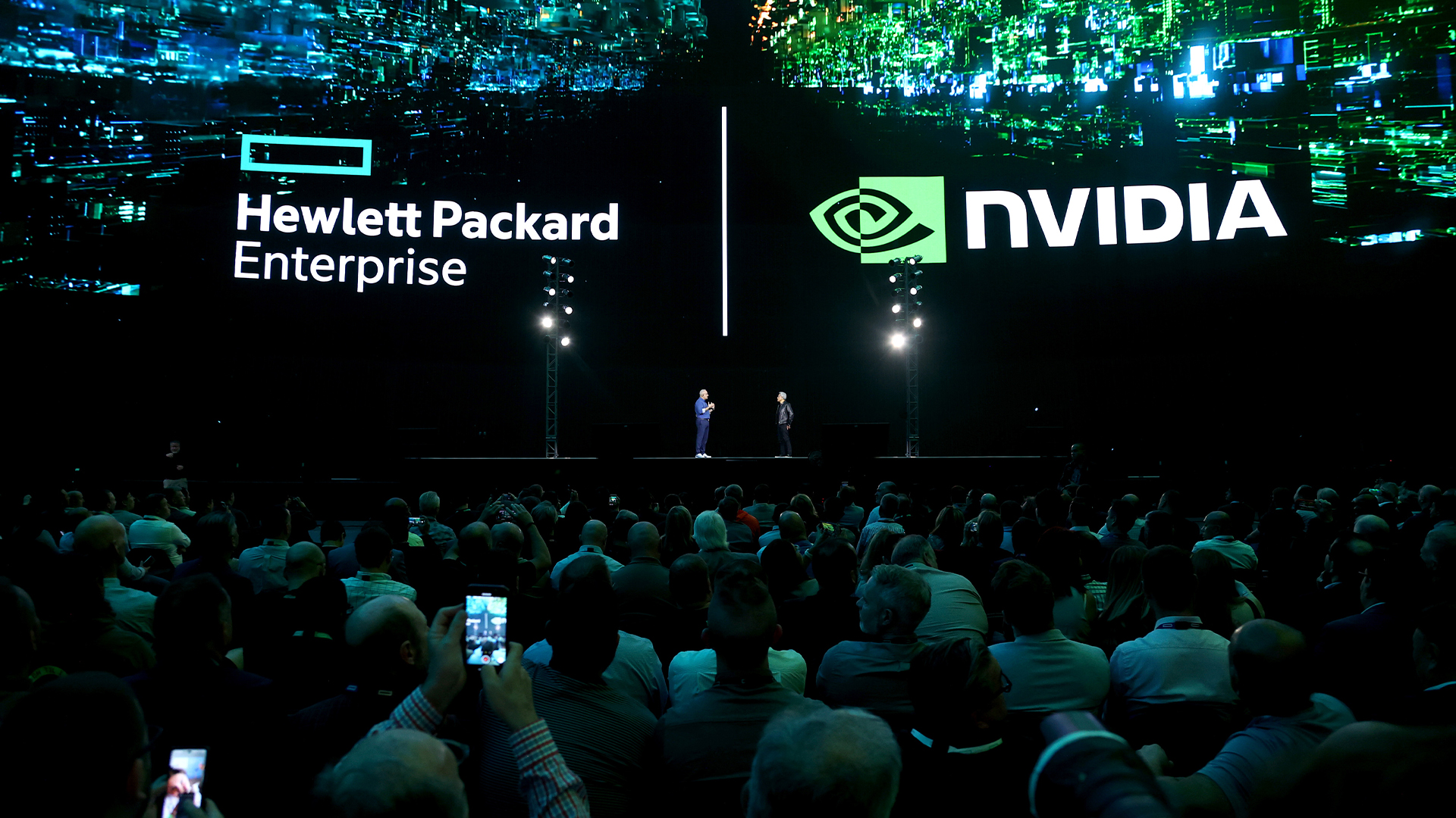 HPE chief executive Antonio Neri pictured on stage with Nvidia CEO Jensen Huang at the 2024 HPE Discover conference at the Sphere in Las Vegas, Nevada, US.