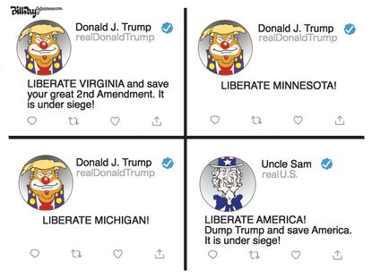 Political Cartoon U.S. Trump tweets liberate Minnesota Virginia Michigan America