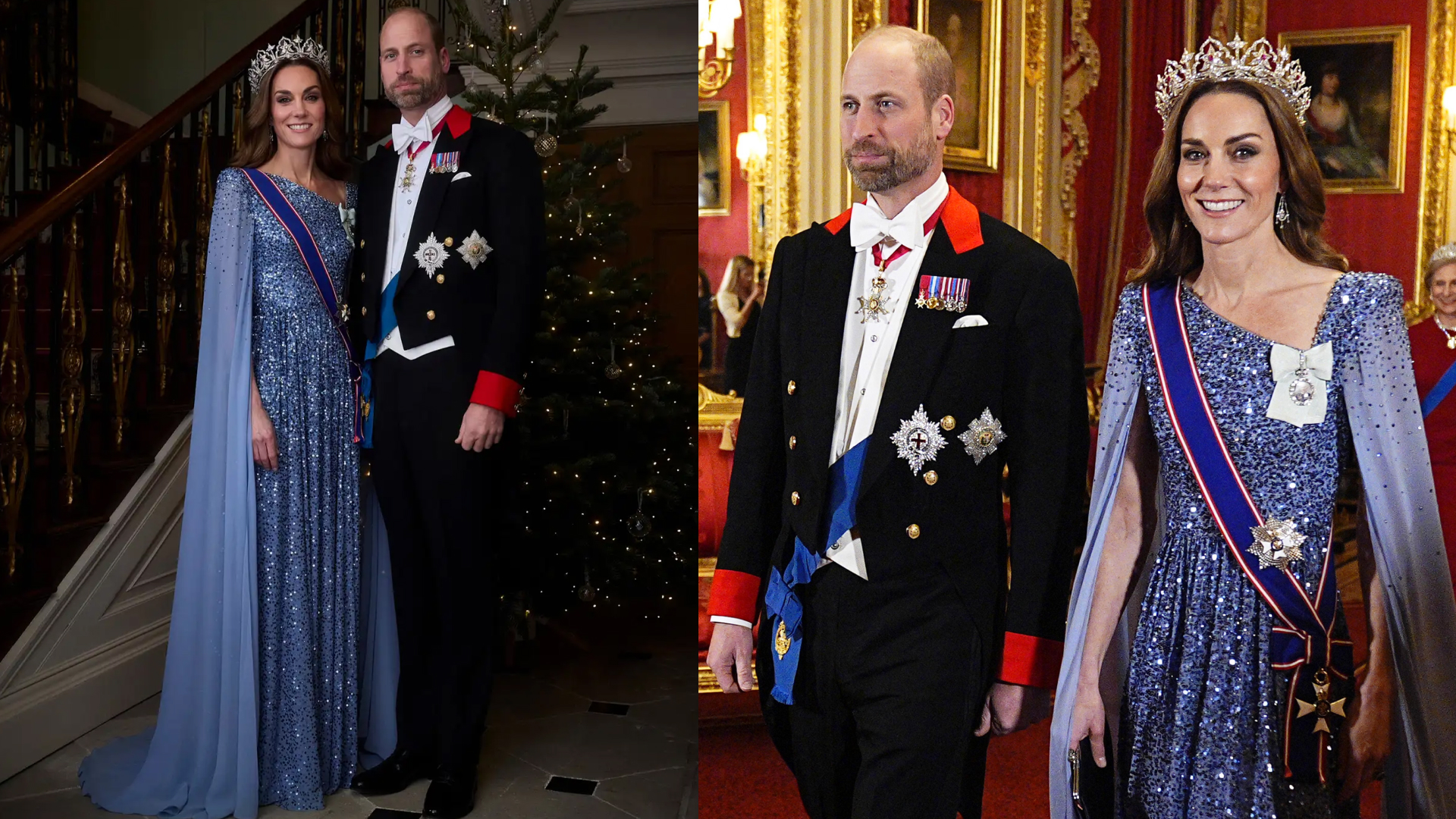 Kate Middleton wearing a blue sequined dress and tiara with Prince William