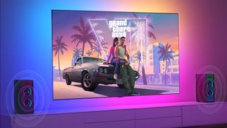Govee TV LED Backlight RGBIC Smart LED Strip Lights behind TV with Grand Theft Auto VI on TV