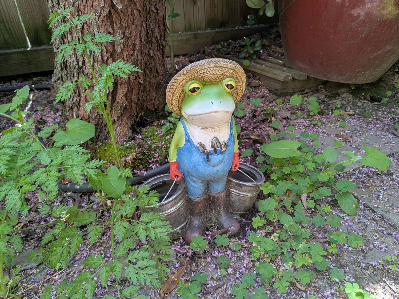 A Google Pixel 9a camera sample showing a frog gardener statue holding buckets, standing surrounded by weeds.