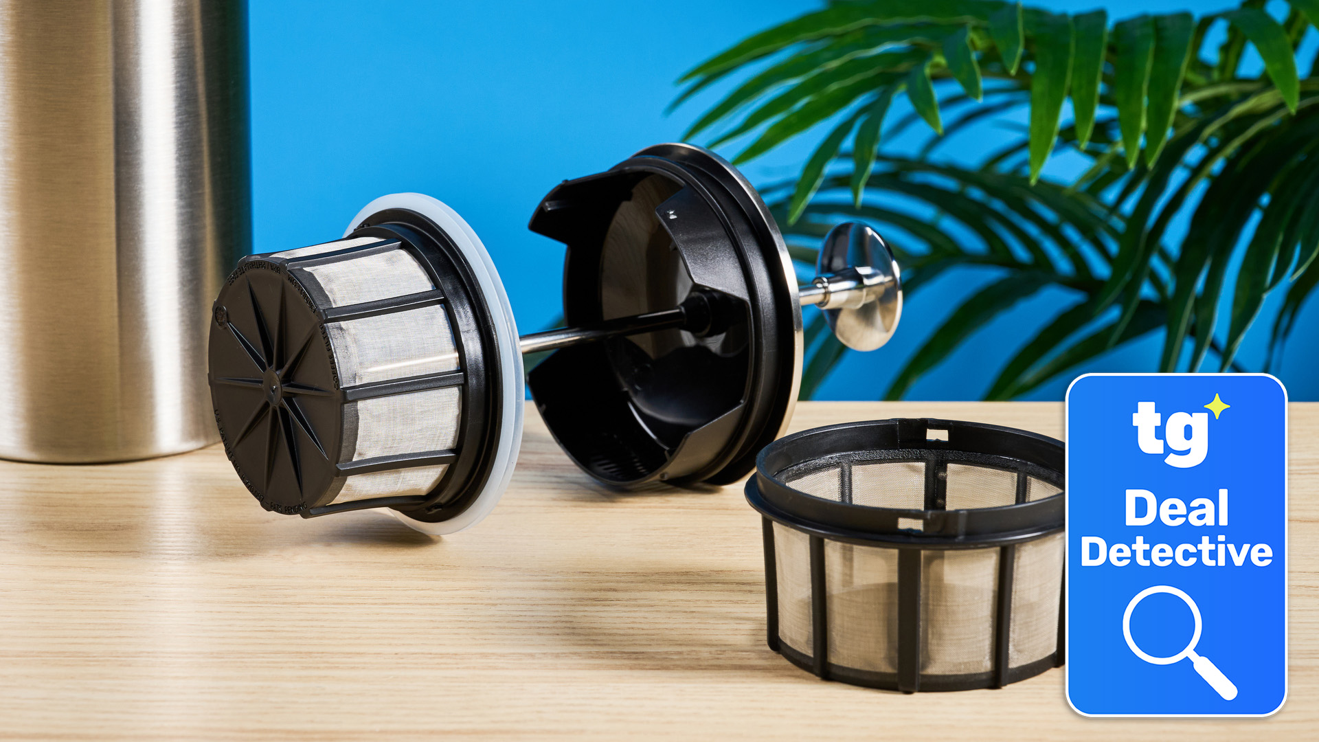 the espro french press dual basket photographed with a tom's guide deal detective badge