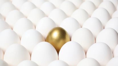 Gold egg among rows of identical white eggs