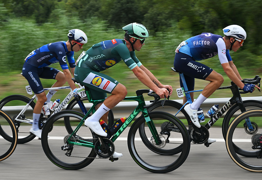 CERLER. HUESCA LA MAGIA, SPAIN - AUGUST 29: (L-R) Brieuc Rolland of France and Team Groupama - FDJ, Mads Pedersen of Denmark and Team Lidl - Trek - Green points jersey and Marco Frigo of Italy and Team Israel - Premier Tech compete in the breakaway during the La Vuelta - 80th Tour of Spain 2025, Stage 7 a 188km stage from Andorra la Vella to Cerler. Huesca La Magia 1910m / #UCIWT / on August 29, 2025 in Cerler. Huesca La Magia, Spain. (Photo by Dario Belingheri/Getty Images)