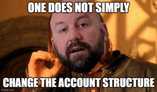 Boz saying "One does not simply change the account structure" with the Boromir meme.