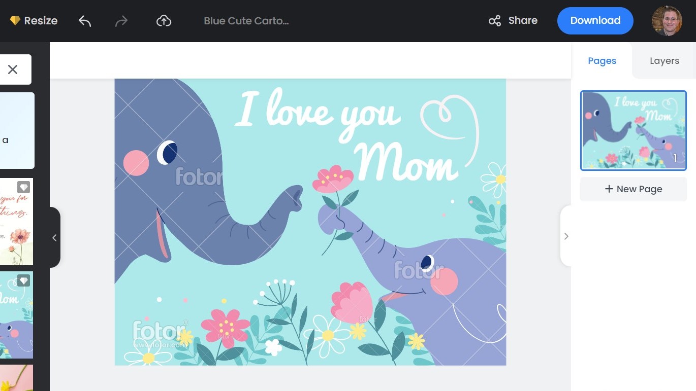 Mother's day card being edited in Adobe Express interface