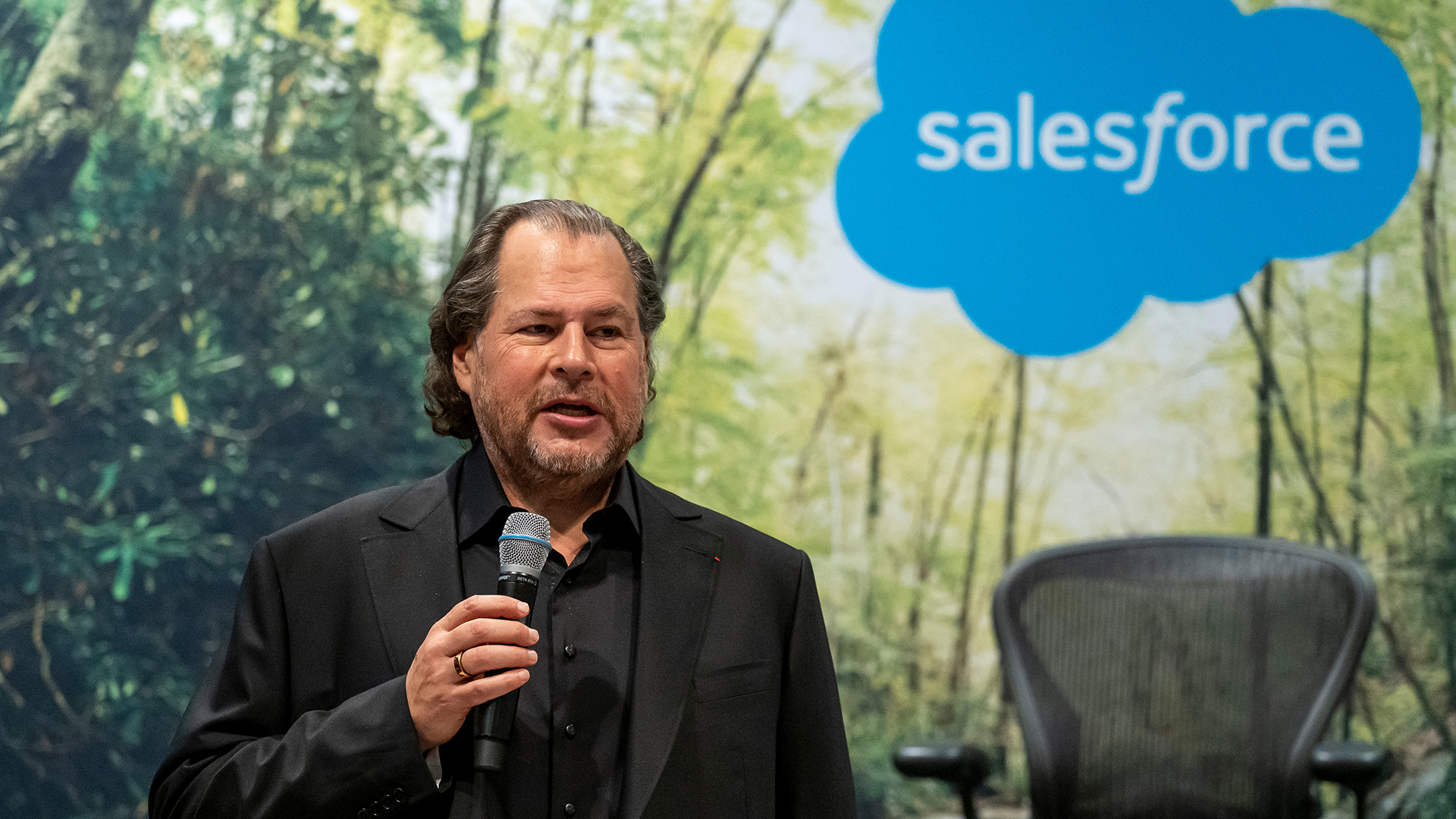 Marc Benioff, CEO of Salesforce Inc., speaks during a press conference at the 2024 Dreamforce conference on Tuesday, September 17, 2024 in San Francisco, California, USA.