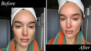 hannah baxter before and after wearing the sofie pavitt omega moisturizer