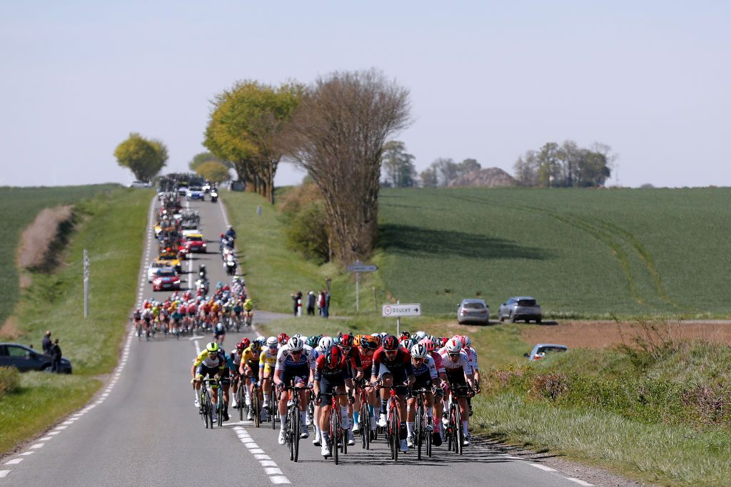 ROUBAIX FRANCE APRIL 17 Tim Declercq of Belgium and Team QuickStep Alpha Vinyl Ben Turner of United Kingdom and Team INEOS Grenadiers Filippo Ganna of Italy and Team INEOS Grenadiers Zdenek Stybar of Czech Republic and Team QuickStep Alpha Vinyl and Kenneth Vanbilsen of Belgium and Team Cofidis lead the peloton during the 119th ParisRoubaix 2022 Mens Elite a 2572km one day race from Compigne to Roubaix ParisRoubaix WorldTour on April 17 2022 in Roubaix France Photo by Bas CzerwinskiGetty Images