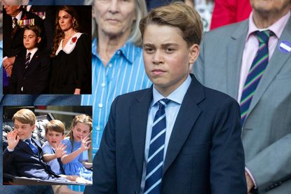 A comp image with Prince George (R) with cut outs of George and Kate Middleton (top left) and George, Charlotte and Louis (bottom left)