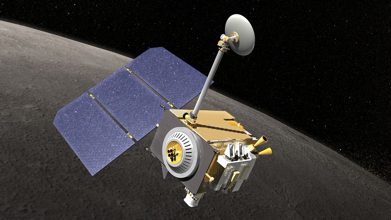 An artist's concept of the LRO as it orbits the moon.