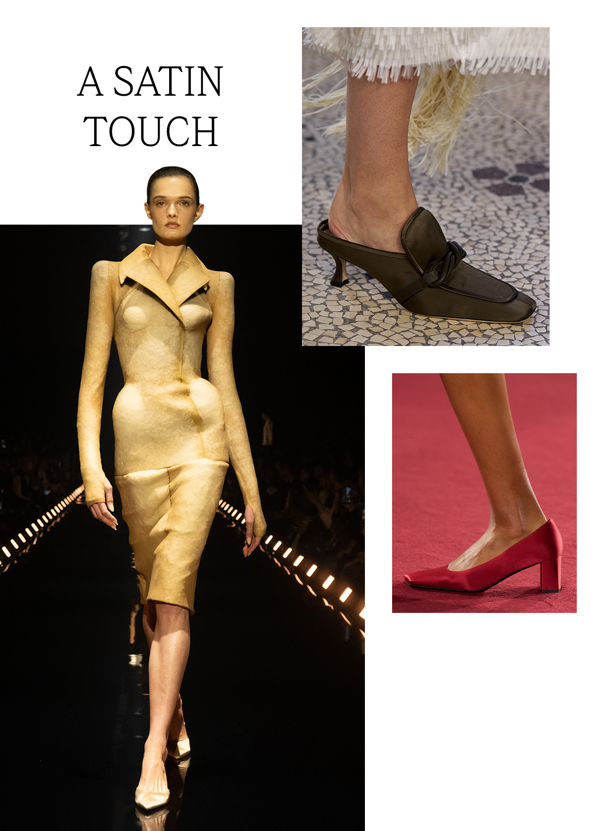 A slide showcasing the fall/winter 2026 satin shoe trend with the title, "A Satin Touch," on it. Models at Schiaparelli, Carven, and Michael Kors are featured.