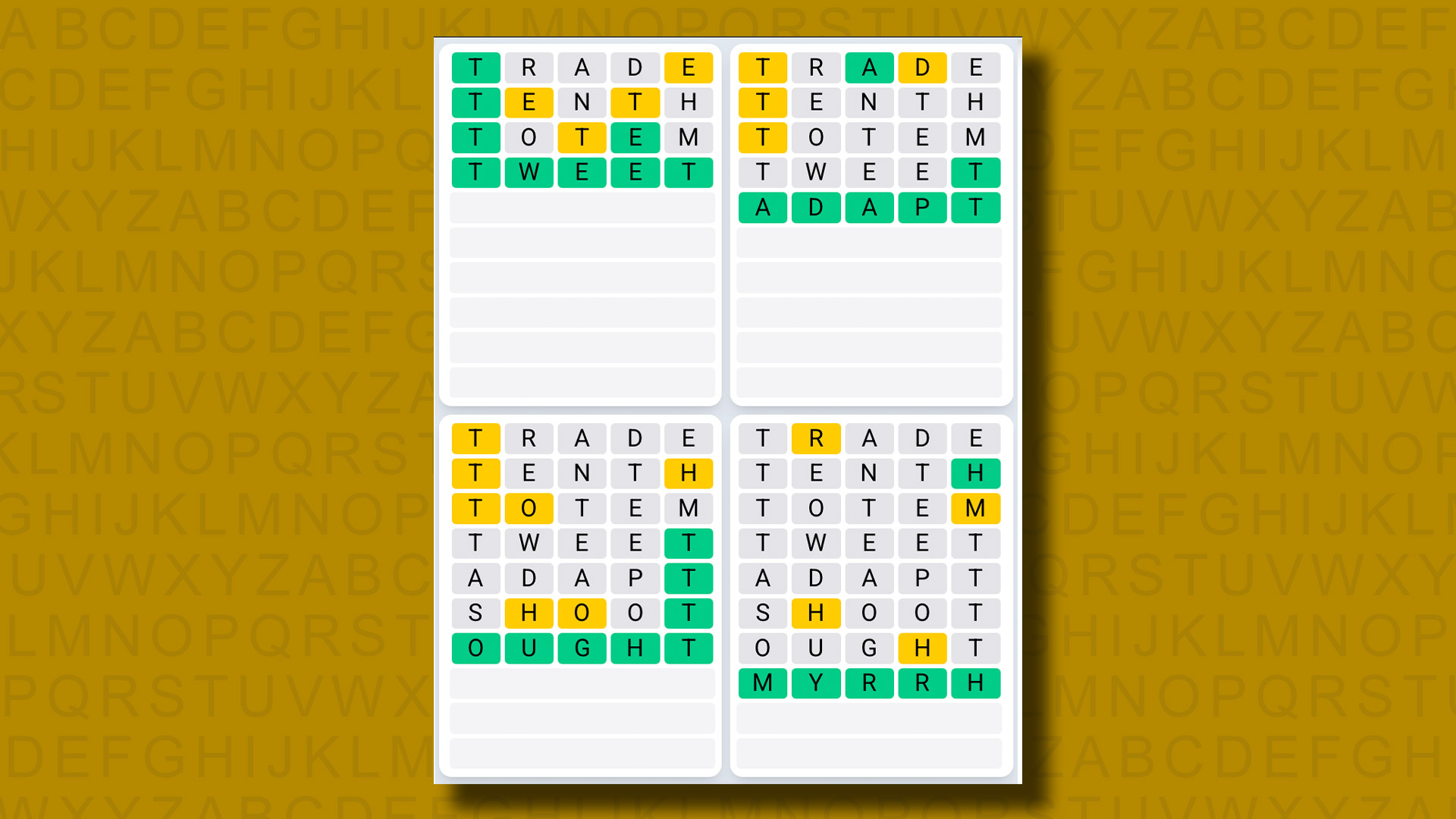 Quordle Daily Sequence answers for game 1310 on a yellow background