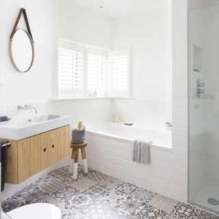 white bathroom with pattern floor tiles