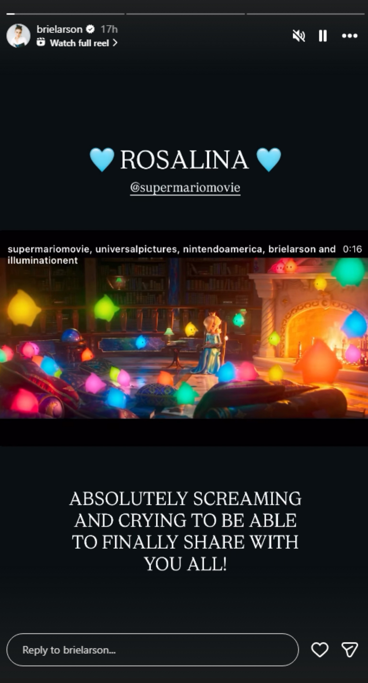 Brie Larson saying she&#039;s absolutely screaming and crying&amp;quot; to be able to reveal her role as Rosalina in The Super Mario Galaxy Movie