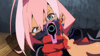 Cyborg woman with pink hair and open shirt pointing gun at camera.