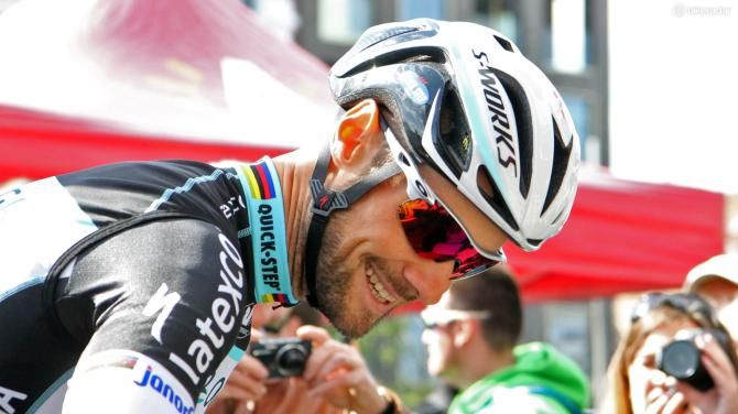 Tom Boonen (Omega Pharma-QuickStep) flashes a smile while wearing a Specialized S-Works Evade aero road helmet