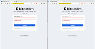 Fake Bitwarden site alongside legitimate login page