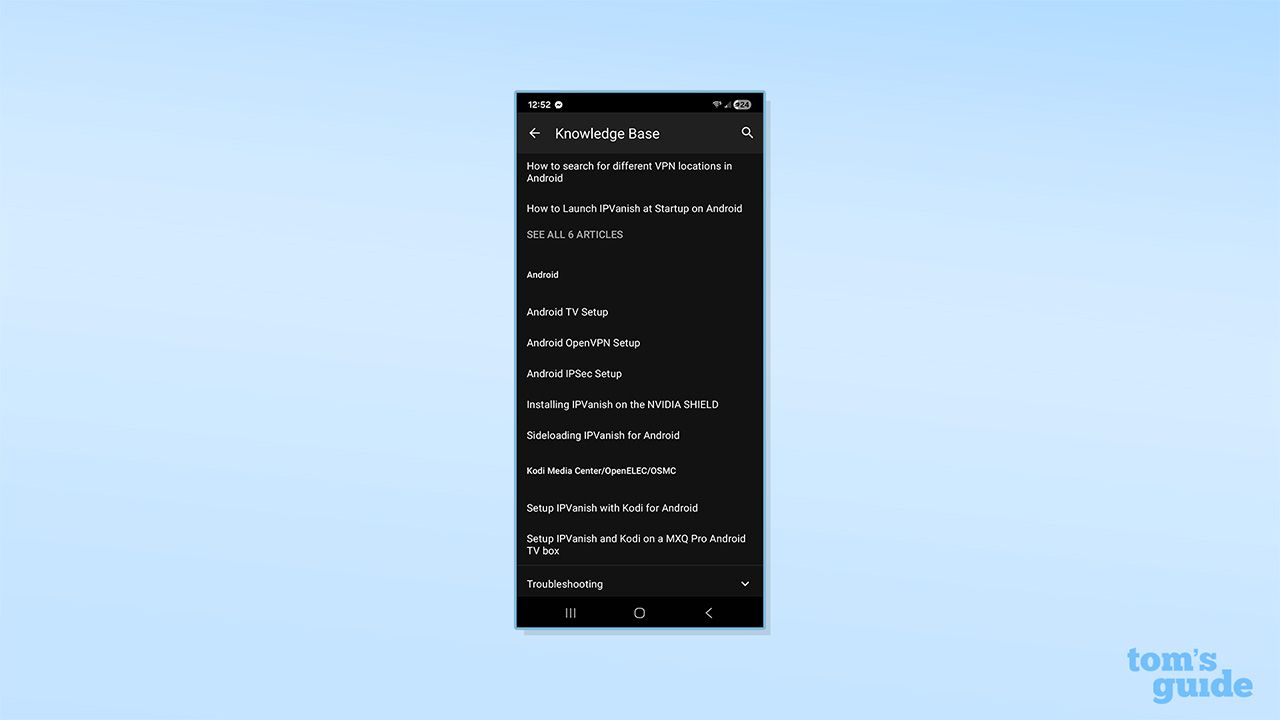 IPVanish's knowledge base tab on its Android app