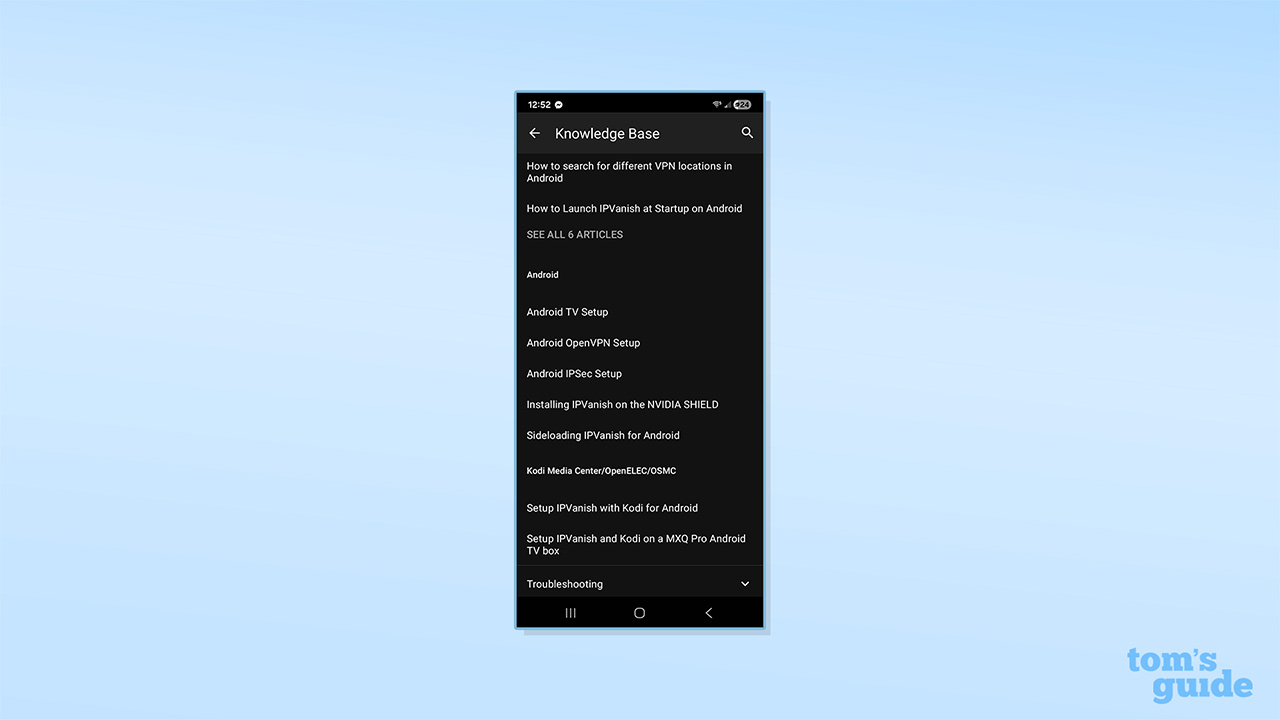 IPVanish's knowledge base tab on its Android app