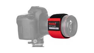 Image shows the Haida antio-fog lens belt and heater mounted on a lens.