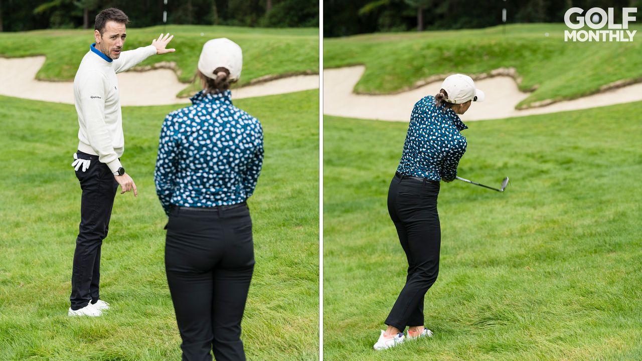 Nick Dougherty and Golf Monthly reader Amanda Rowley hitting a shot out the rough at Wentworth