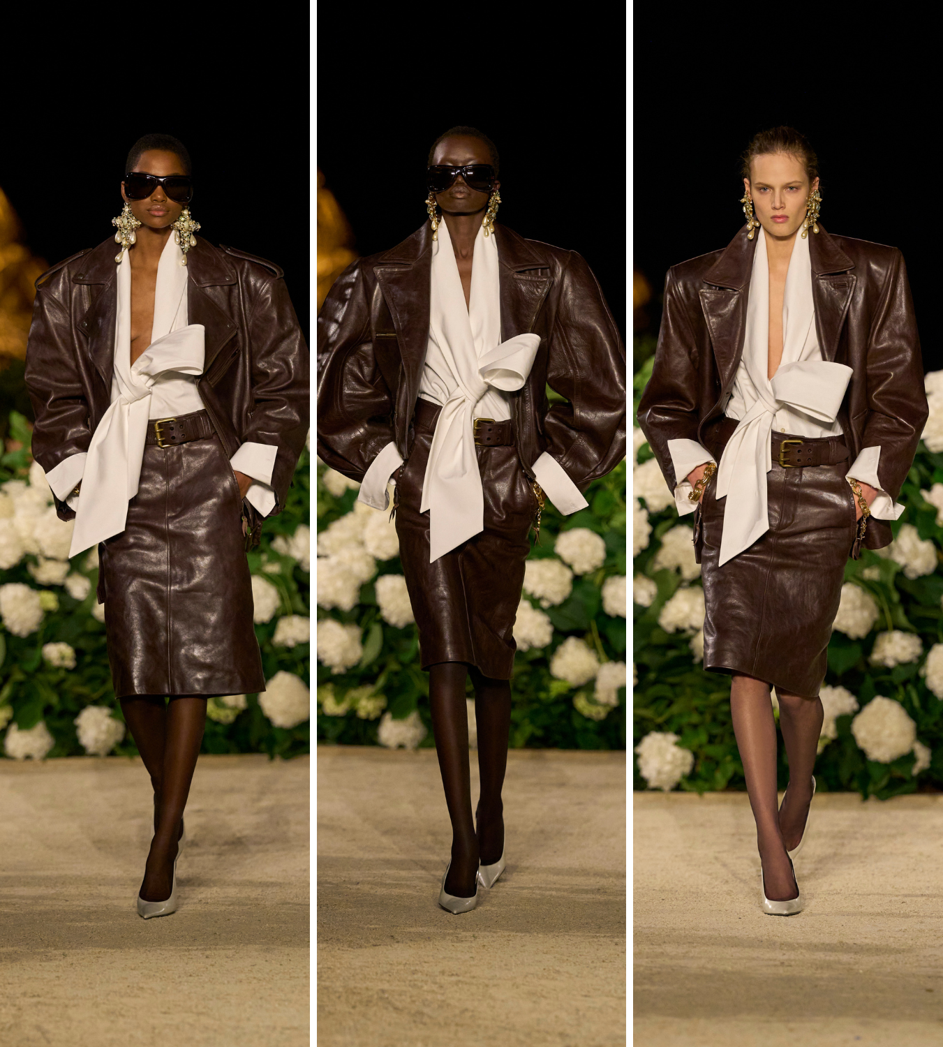 Saint Laurent Spring/Summer 26 white shirt leather skirt look