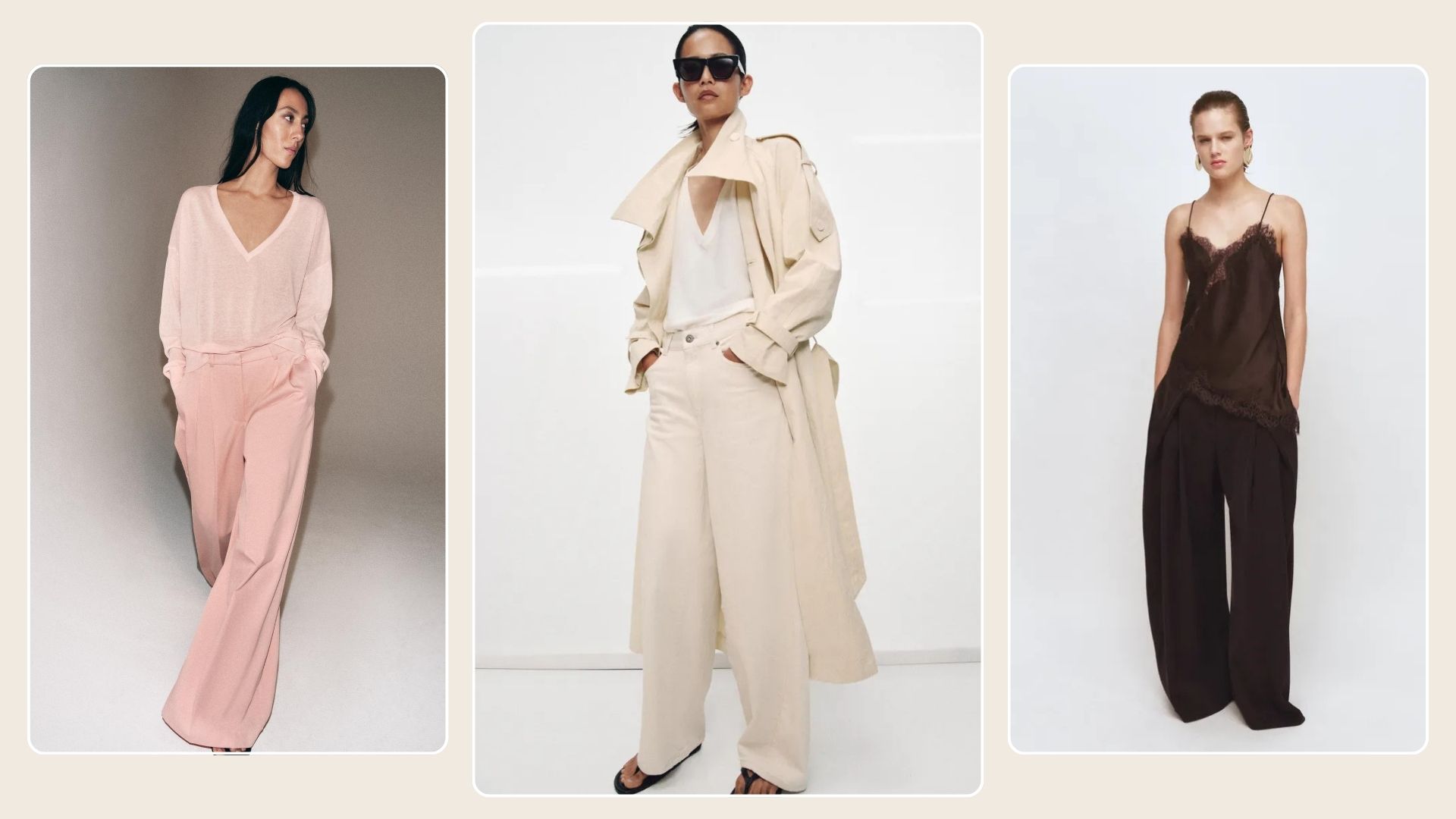 Model wears pink jumper and trousers, model wears cream trench coat and cream jeans, model wears brown lace top and brown tailored trousers